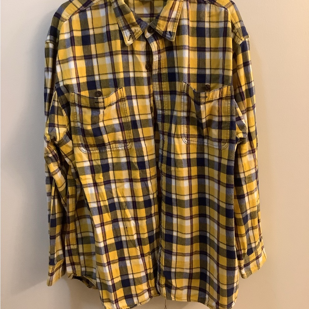 Duluth Trading Co Yellow and Navy Plaid Shirt